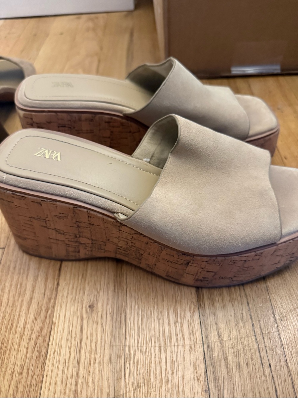 Zara Neutral Beige Suede Cork Wedge Slides